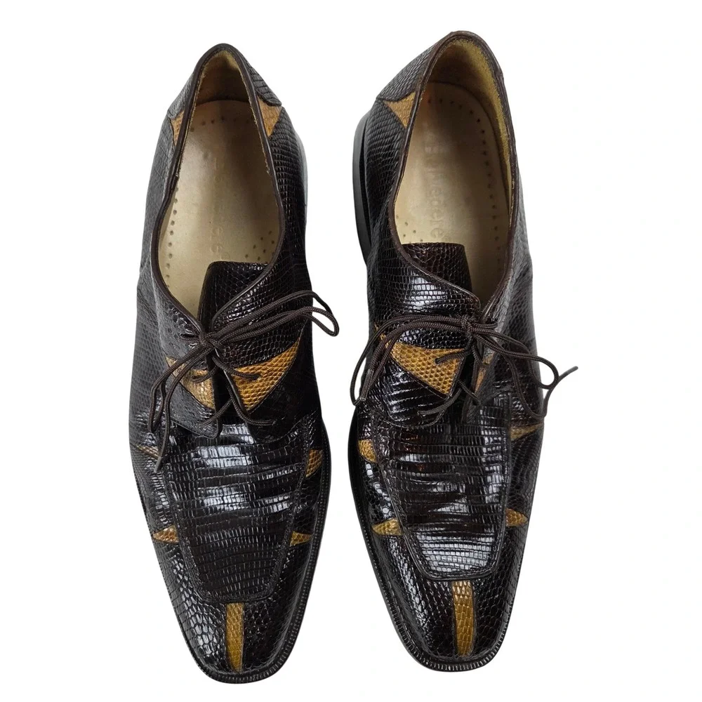 Belvedere Men 8‎ Brown Genuine Lizard Two Tone Lace Up Oxford Shoes
